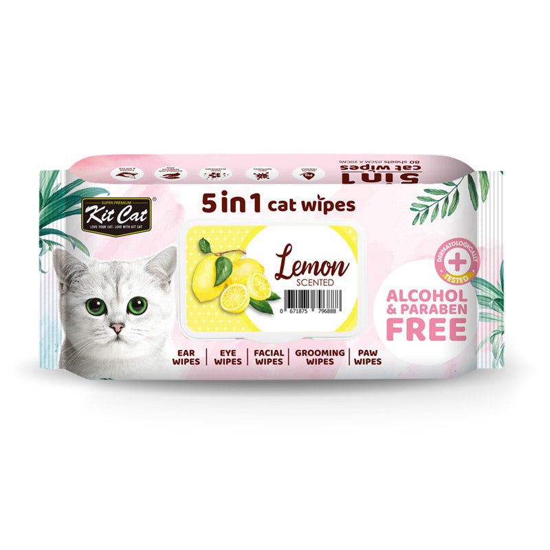 Kit Cat 5-in-1 Cat Wipes LEMON Scented